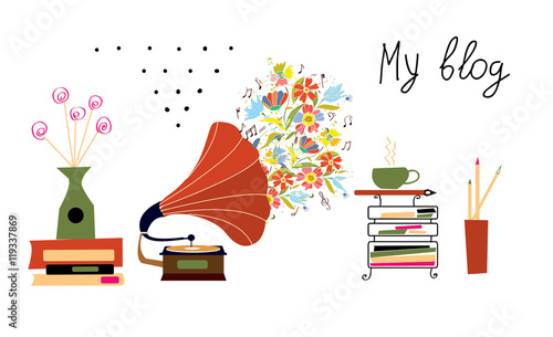 Music blog banner with gramophone and vintage objects