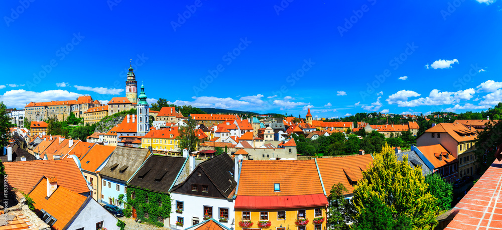 Aerial view of castle and houses in Cesky Krumlov, Czech republic