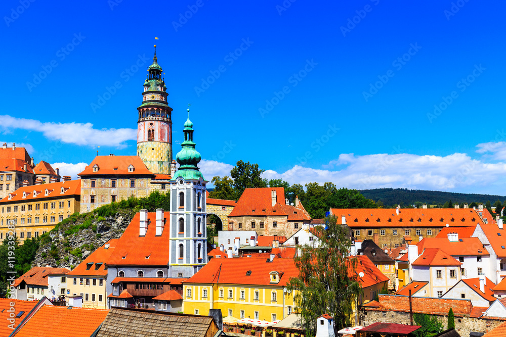 Castle tower, Cesky Krumlov, Czech Republic. UNESCO World Heritage Site