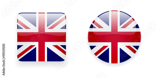 The Union Jack flag vector icon set. Glossy round icon and square icon with flag of the UK on white background.