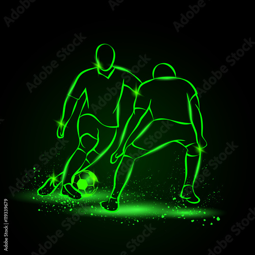Two soccer players fighting for the ball. Forward and defender playing football. Sport vector neon illustration.