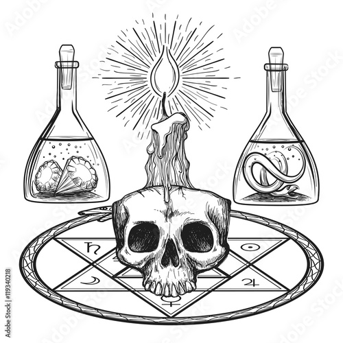 Skull with candle hand drawn alchemy occult elements from dark ages vector illustration