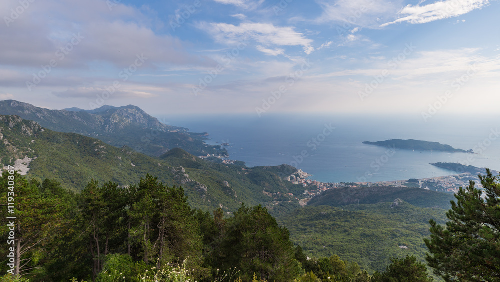 View of the coastline of Budva Riviera from the mountain.