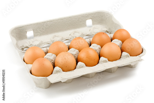 Carton of eggs isolated on white background