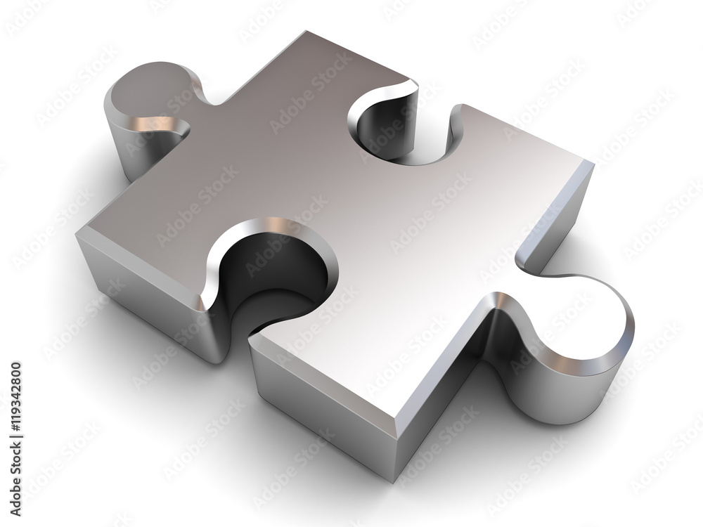 Metal jigsaw puzzle piece isolated on white background with shadow 3D rendering Metal jigsaw puzzle piece isolated on white background with shadow 3D rendering