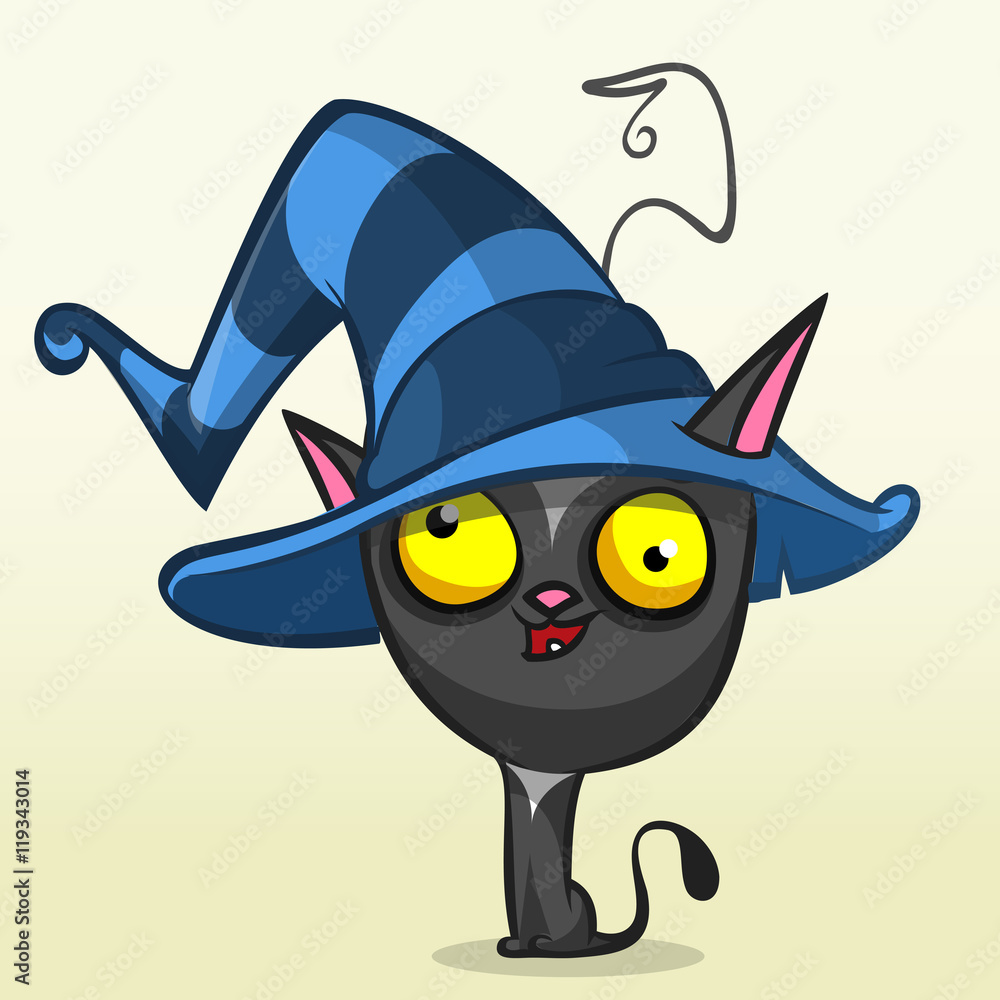 Cartoon Halloween black cat in witch hat. Vector illustration isolated