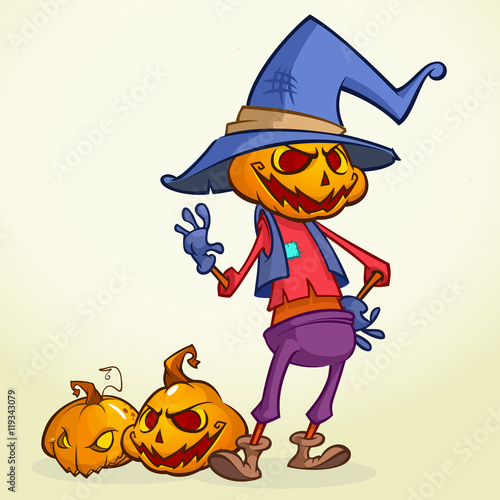 Cartoon pumpkin scarecrow. Halloween vector illustration of a happy scarecrow waving. Vector  isolated on white
