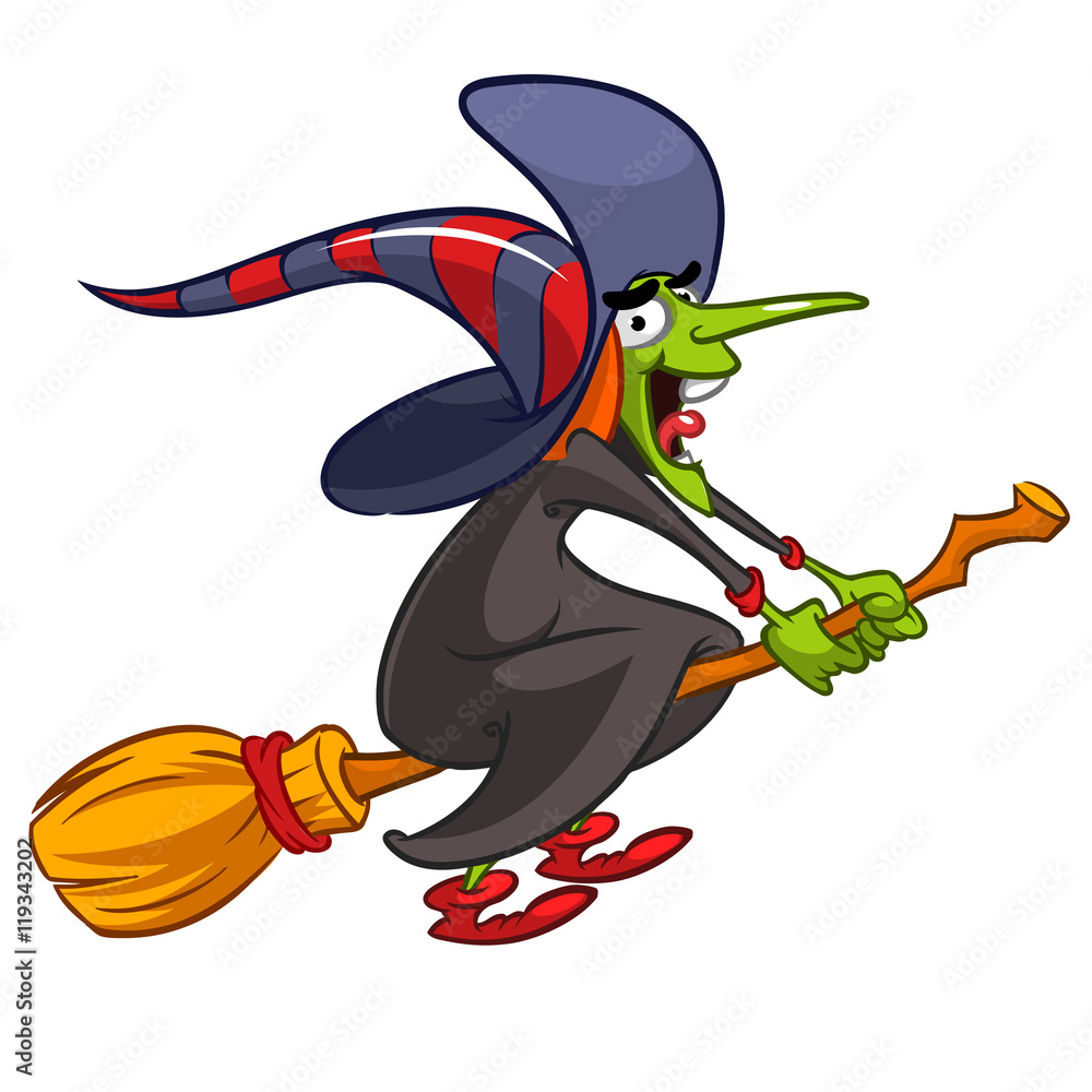 Vector illustration of cartoon girl dressed in a witch costume for Halloween and riding a broomstick Vector illustration of cartoon girl dressed in a witch costume for Halloween and riding a broomstick