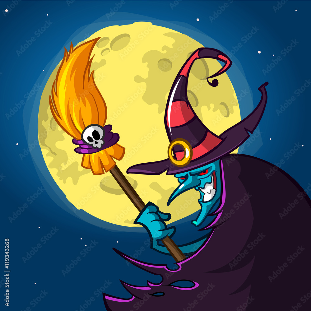 Naklejka premium Halloween blue witch in hat with a broom isolated on night background with moon. Vector illustration