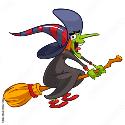 Vector illustration of cartoon girl dressed in a witch costume for Halloween and riding a broomstick