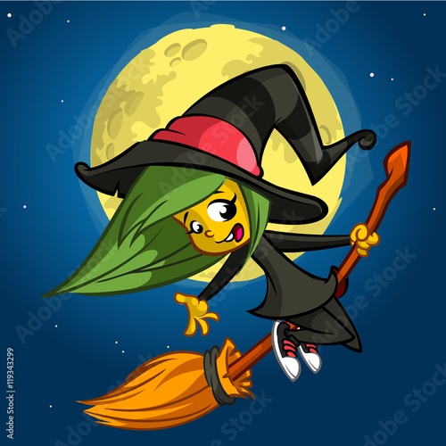 A vector illustration of cartoon girl dressed in a witch costume for Halloween and riding a broomstick