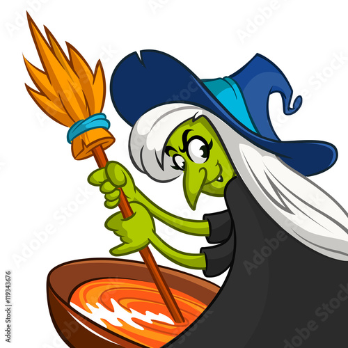 Ugly Halloween Witch Preparing A Potion. Vector illustration of a cartoon witch stirring her spooky brew isolated
