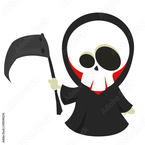 Vector cartoon illustration of Halloween death with scythe, grim reaper isolated.