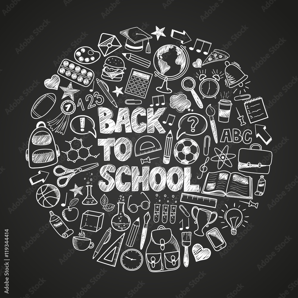 Back to School - sketch doodle set. Various hand-drawn school items arranged as circle on a background blackboard. Vector illustration