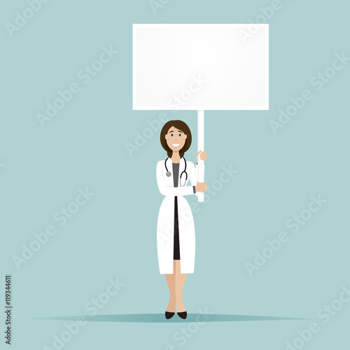 Smilling doktor stay and hold a square billboard