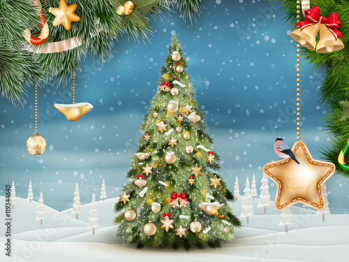 Christmas fir tree on winter landscape. EPS 10