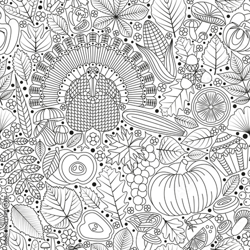 Thanksgiving day seamless pattern. Various elements for design. Cartoon vector illustration. Black and white colors. Autumn background