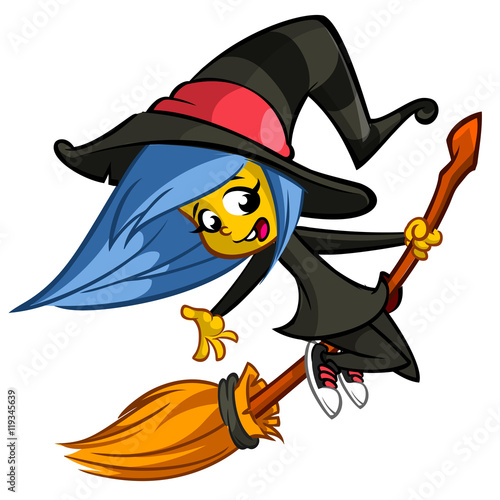 Halloween cute witch flying on her broom. Vector cartoon  illustration