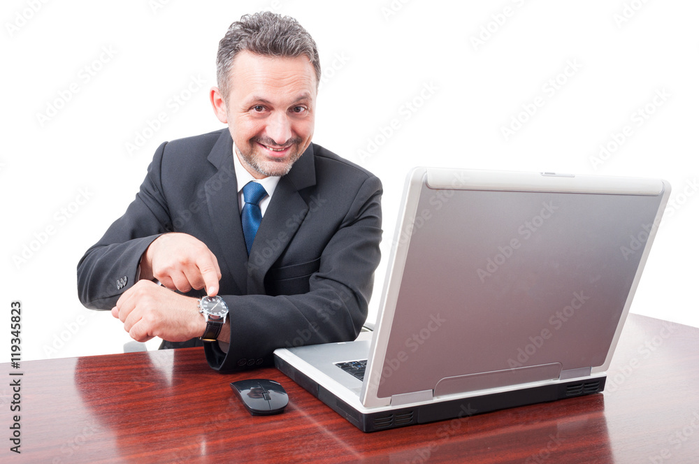 Business manager pointing watch for appointment Business manager pointing watch for appointment