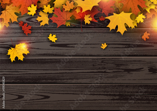 Wooden texture background with maple leaves.