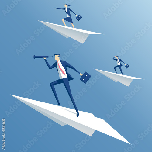 businessman flying on a paper airplane and looking through a telescope, business people flying in paper planes, business concept team and leadership