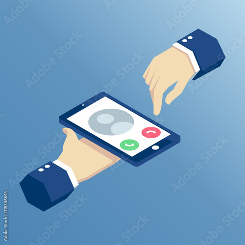 incoming call on isometric mobile phone, isometric hands holding smart phone vector illustration