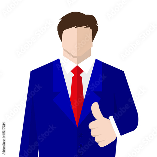 Man in suit shows a sign Thumb Up. Vector, flat, illustration