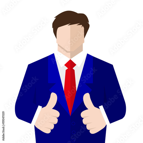 Man in suit shows a sign Thumb Up. Vector, flat, illustration