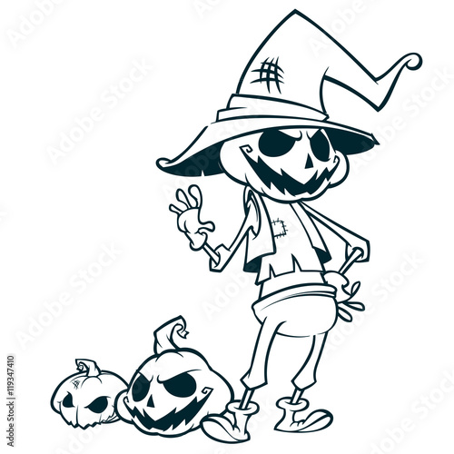 Halloween pumpkin head scarecrow outlines, vector postcard for Halloween holiday