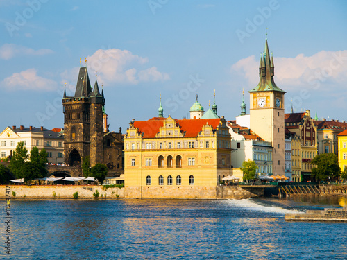 Smetana embankment with Old Town Bridge Tower, Smetana's Museum and Old Town Water Tower, Prague, Czech Republic