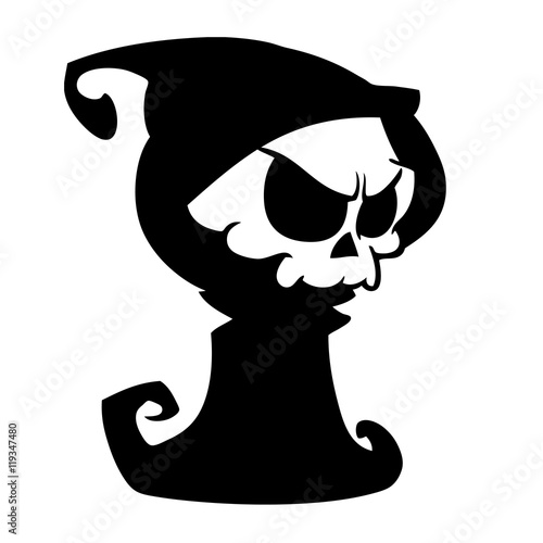 Cartoon grim reaper with scythe  isolated on a white background. Halloween cute death character in black hood outline. Vector silhouette