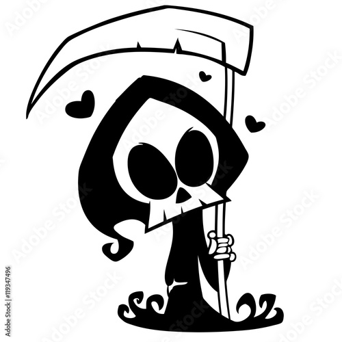 Cartoon grim reaper with scythe  isolated on a white background. Halloween cute  death character in black hood outline. Vector silhouette