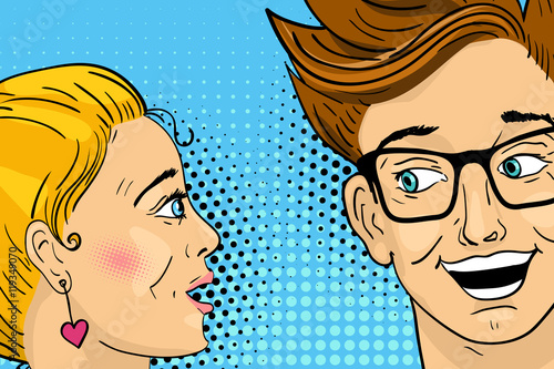 Blond woman telling a secret to surprised man with open mouth. Vector illustration in retro pop art comic style.