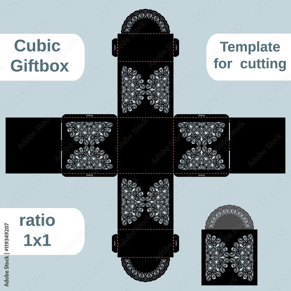 Openwork gift paper box with a handle, lace pattern, cut out template ...