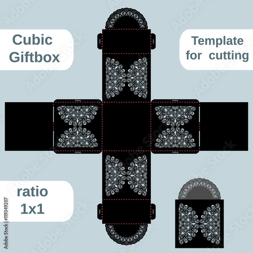 Openwork gift paper box with a handle, lace pattern, cut out template, greeting packaging, laser cutting template,  presents packing, vector illustrations.