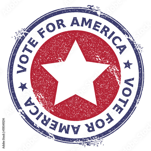 Grunge US patriotic stars rubber stamp. USA presidential election patriotic seal with US patriotic stars silhouette and Vote For America text. Rubber stamp vector illustration.