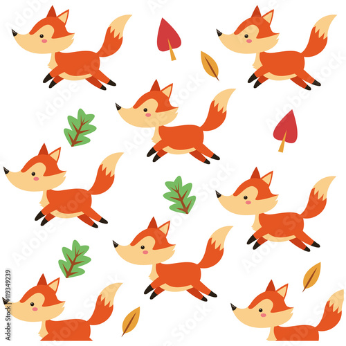 flat design cute fox cartoon pattern background vector illustration