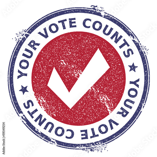 Grunge check mark rubber stamp. USA presidential election patriotic seal with check mark silhouette and Your Vote Counts text. Rubber stamp vector illustration.