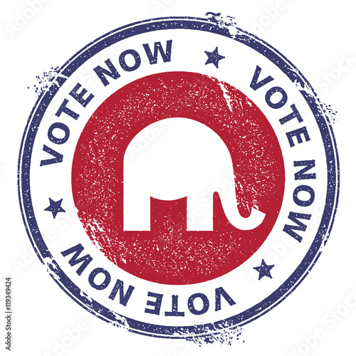 Grunge republican elephants rubber stamp. USA presidential election patriotic seal with republican elephants silhouette and Vote Now!. Text. Rubber stamp vector illustration. photo