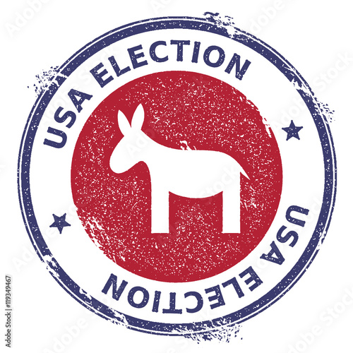 Grunge democrat donkeys rubber stamp. USA presidential election patriotic seal with democrat donkeys silhouette and USA Election text. Rubber stamp vector illustration.