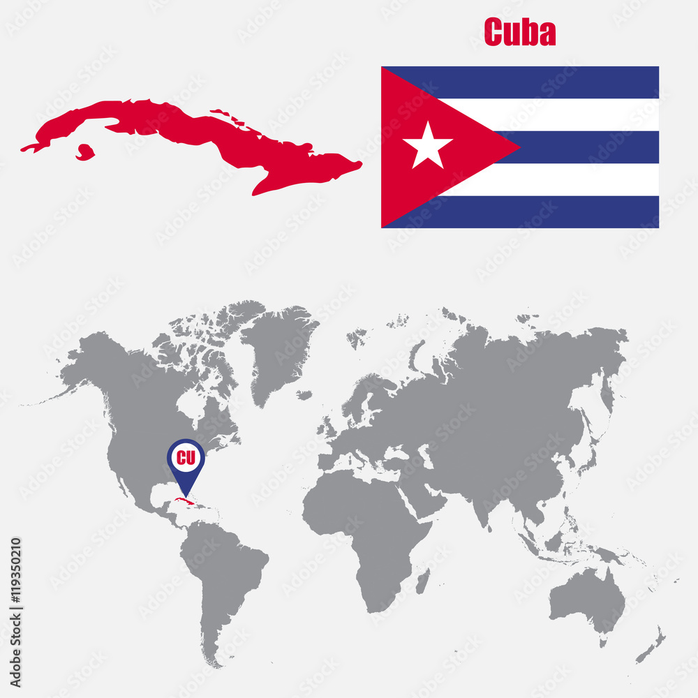 Obraz premium Cuba map on a world map with flag and map pointer. Vector illustration