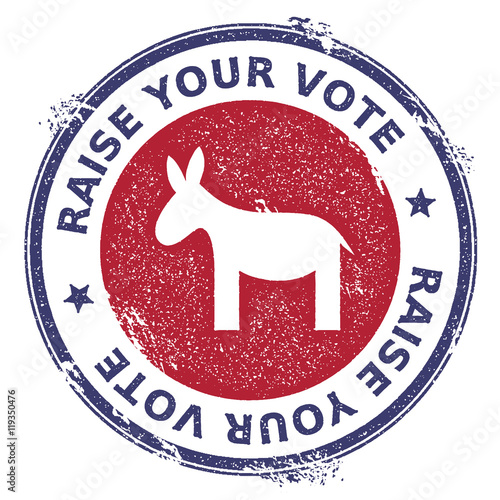 Grunge democrat donkeys rubber stamp. USA presidential election patriotic seal with democrat donkeys silhouette and Raise Your Vote text. Rubber stamp vector illustration.