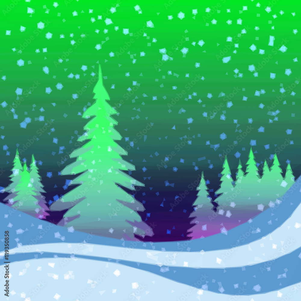 Christmas Fairy Landscape, Low Poly Background for Holiday Design, Winter Forest with Fir Trees and Snow. Vector