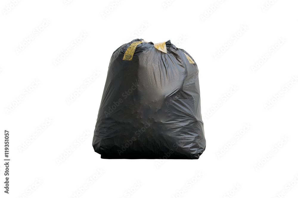 Black garbage bag put fully covered with adhesive tape isolated on white background.