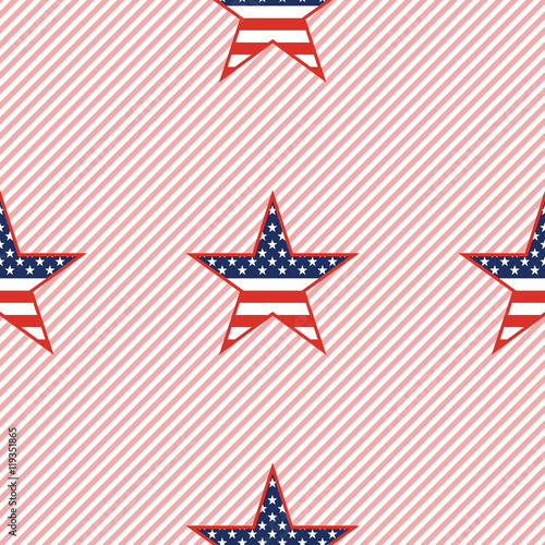 US patriotic stars seamless pattern on red stripes background. American patriotic wallpaper with US patriotic stars. Ornament pattern vector illustration.