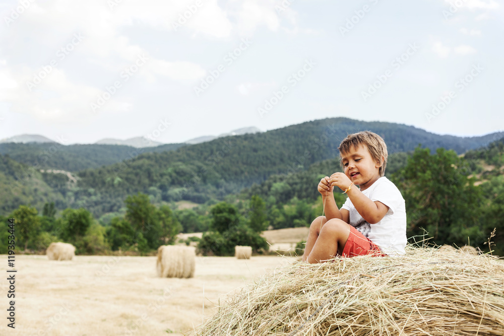 Smiling little boy sitting on bale of straw Smiling little boy sitting on bale of straw