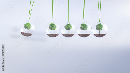 Newton's cradle with trees, D Rendering photo