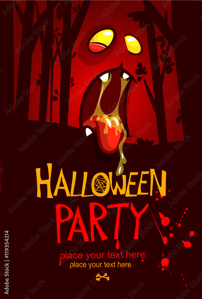 Halloween design template. Zombie face and place for text isolated on dark night background. Vector party invitation Halloween design template. Zombie face and place for text isolated on dark night background. Vector party invitation