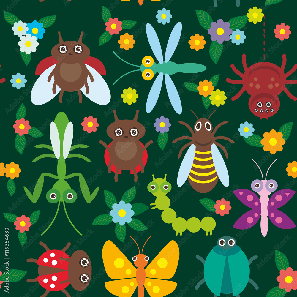 Naklejka premium Funny insects Spider butterfly caterpillar dragonfly mantis beetle wasp ladybugs seamless pattern on green background with flowers and leaves. Vector