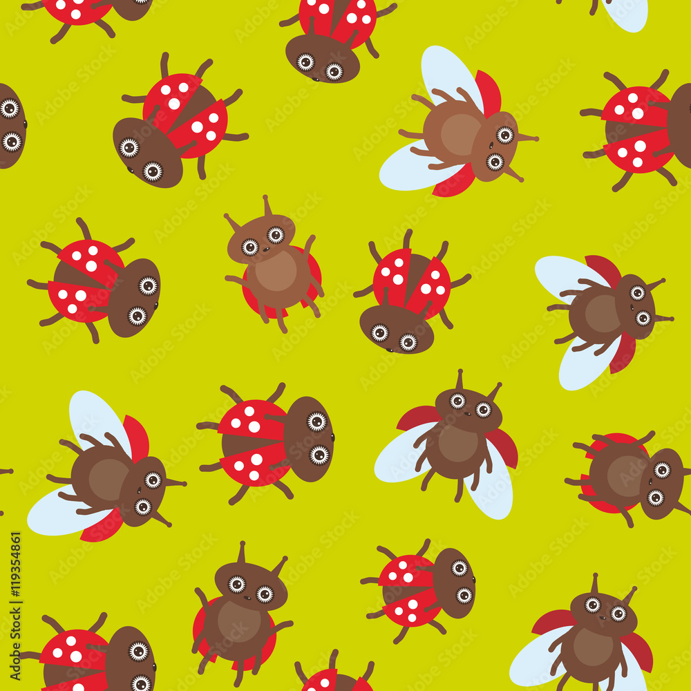 Funny insects ladybugs seamless pattern on green background. Vector Funny insects ladybugs seamless pattern on green background. Vector